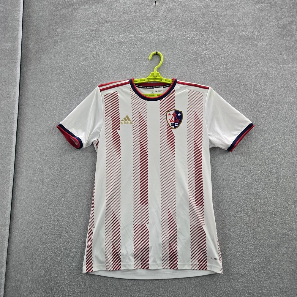 Adidas Men Shirt M White Striped Number Crest Activewear Logo Short Sleeve READ